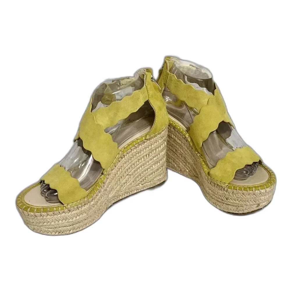 Marc Fisher Espadrille Platform Suede Wedge Sandals Womens 7.5 Yellow Boho Y2K